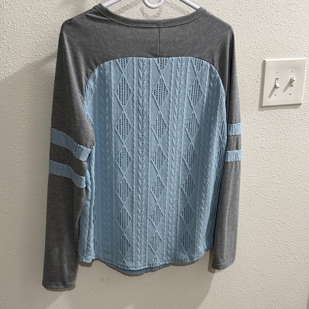 Lace-Up Raglan Long Sleeve Top in Light Blue and Gray - Picture 2 of 2